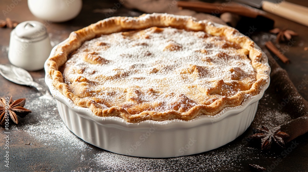 Rustic mince pie in a baking dish with flaky crust, isolated on a dark brown background with powdered sugar Rustic mince pie in a baking dish with flaky crust, isolated on a dark brown background with powdered sugar