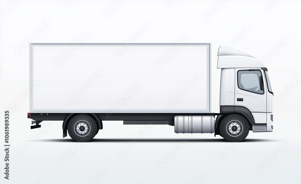 A white delivery truck in a side profile view, isolated on a plain background, representing logistics and transportation. A white delivery truck in a side profile view, isolated on a plain background, representing logistics and transportation.