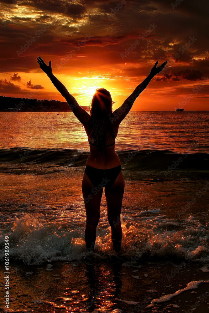 Fototapeta premium A silhouette of an individual with outstretched arms stands in the shallow water, embracing the vibrant sunset over the calm sea while waves lap at their feet.