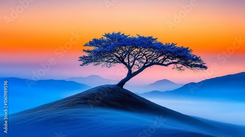 A lone tree on a misty hill, half in shadow and half bathed in dawn light, symbolizing resilience and new beginnings
