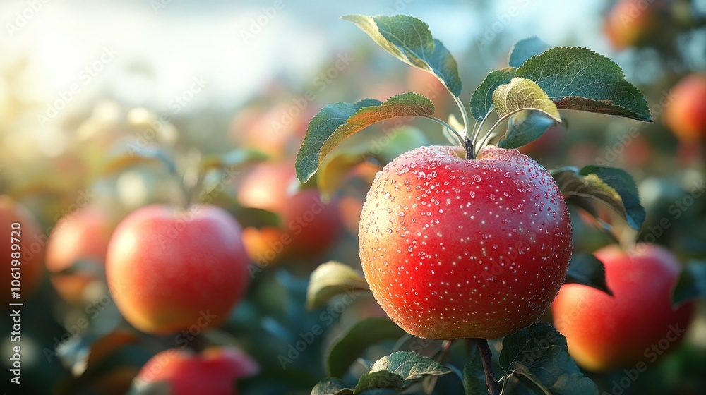 A close-up of a red apple on a tree in an orchard. A close-up of a red apple on a tree in an orchard.