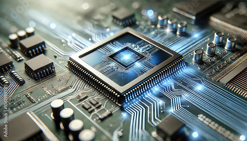 The Heart of Technology. A close-up of a microchip, the tiny powerhouse that drives our digital world.