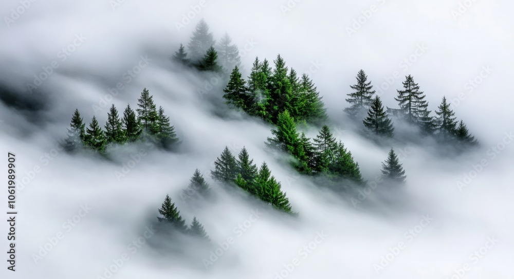 Obraz premium Mystical forest in fog a serene landscape of evergreen trees emerging from mist