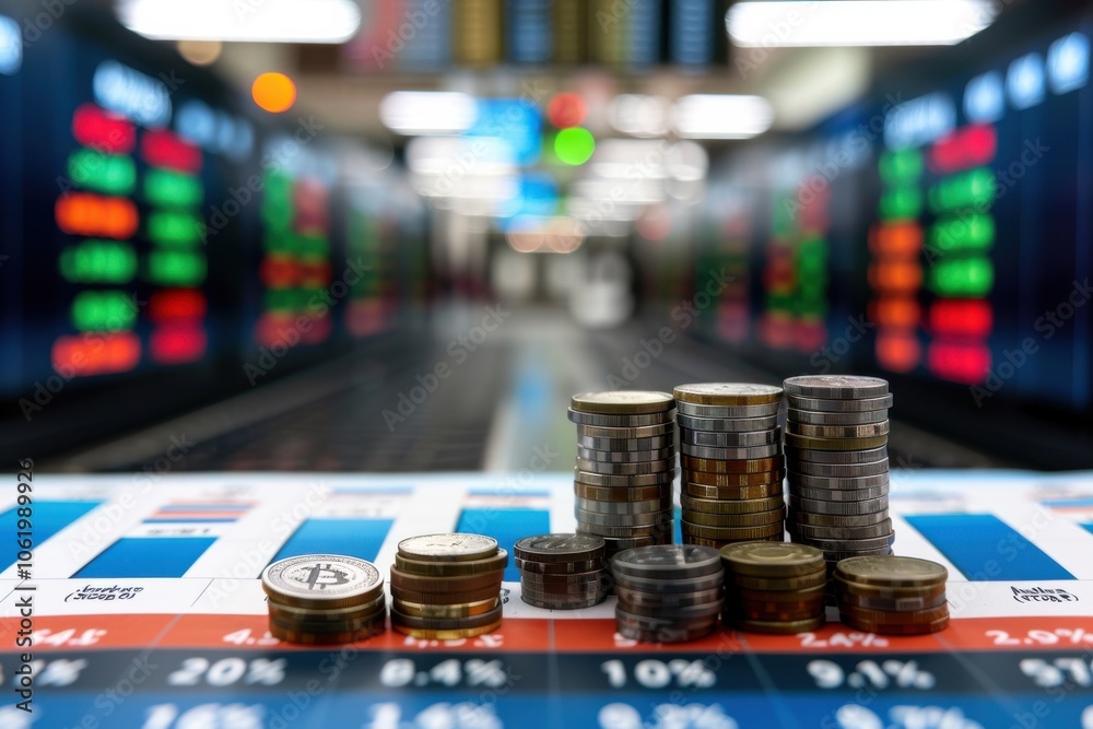 Global Financial Market Chaos and Uncertainty with Currency Bills Coins and Trading Floor Screens Global Financial Market Chaos and Uncertainty with Currency Bills Coins and Trading Floor Screens