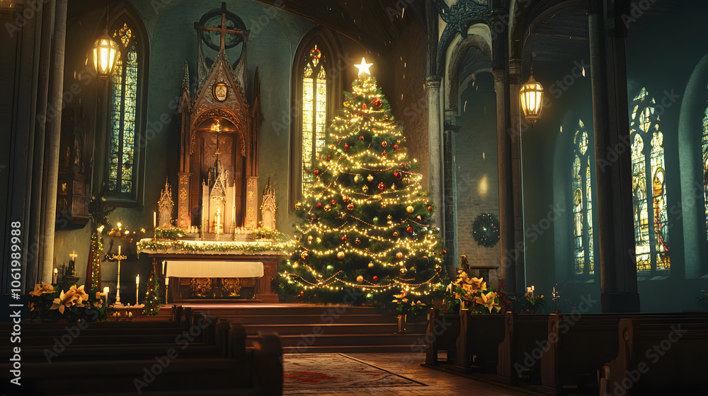 Fototapeta premium A beautifully decorated Christmas tree standing next to the altar in a small church, with lights and ornaments.