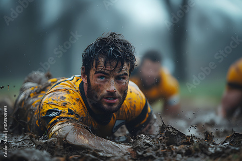 A joyful rugby player with a big smile slides through a field covered in mud. The image captures the fun and exhilaration of playing sports in tough conditions