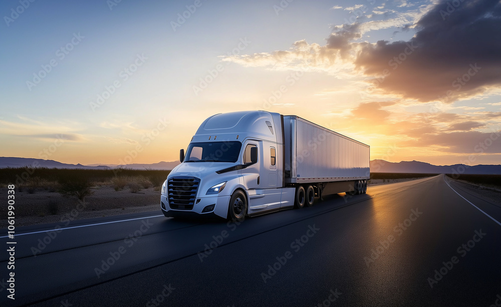 A large white truck drives down an empty highway at sunset, symbolizing freight transportation and long-haul trucking.
A large white truck drives down an empty highway at sunset, symbolizing freight transportation and long-haul trucking.