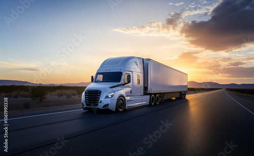  A large white truck drives down an empty highway at sunset, symbolizing freight transportation and long-haul trucking. 