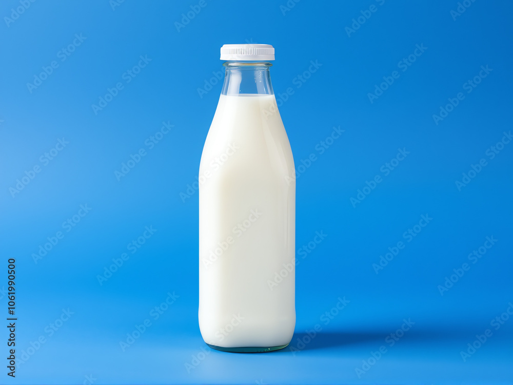 bottle of milk placed against a vibrant blue background, showcasing its smooth surface and clean design bottle of milk placed against a vibrant blue background, showcasing its smooth surface and clean design