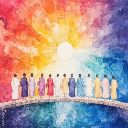 Bridge of Unity: Diverse People Holding Hands in Watercolor Painting Against Dreamy Background - Symbolizing Togetherness and Community - Stock Photo photo