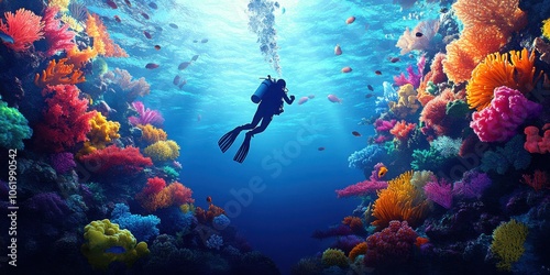 Underwater Paradise: Scuba Diver Amidst Vibrant Coral Reef.