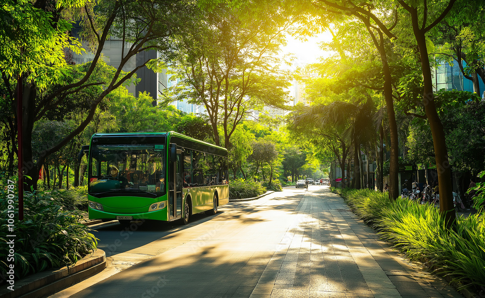 Obraz premium A green bus travels down a tree-lined city street on a sunny day, representing eco-friendly urban transportation.