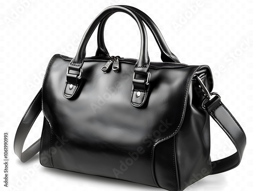 Casual black leather women's bag, isolated cutout object with shadow on a transparent background, PNG.