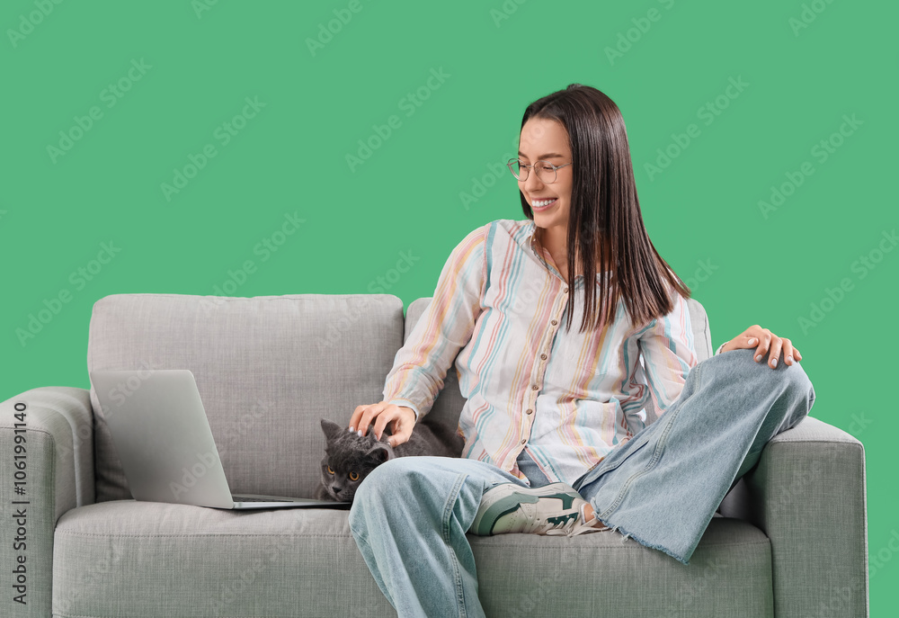 Young woman with cute British Shorthair cat and laptop on sofa against green background Young woman with cute British Shorthair cat and laptop on sofa against green background