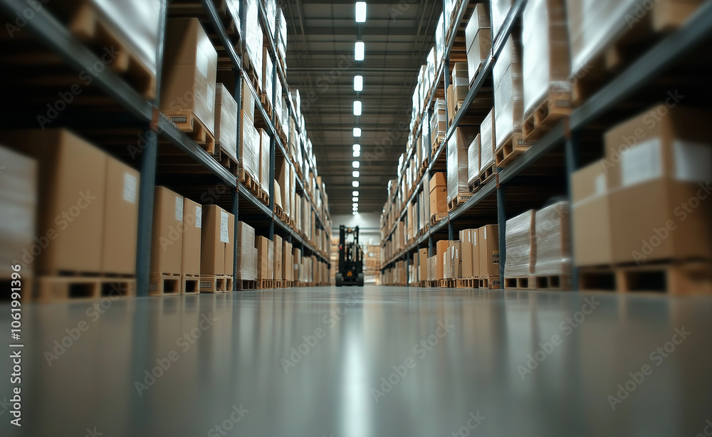 A forklift moves boxes in a spacious warehouse, surrounded by shelves filled with packages under soft lighting. A forklift moves boxes in a spacious warehouse, surrounded by shelves filled with packages under soft lighting.