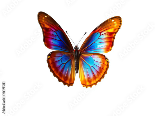 vibrant butterfly gracefully flutters against a clean white background, showcasing its colorful wings