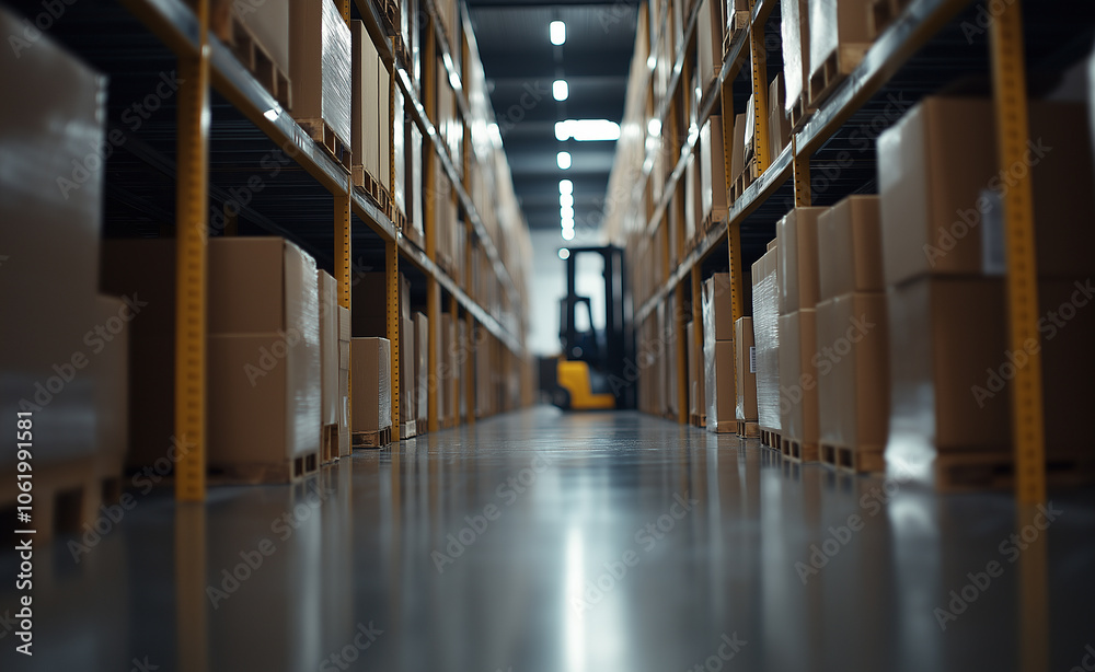A forklift moves boxes in a spacious warehouse, surrounded by shelves filled with packages under soft lighting. A forklift moves boxes in a spacious warehouse, surrounded by shelves filled with packages under soft lighting.
