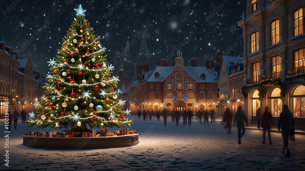A large, decorated Christmas tree stands in a snowy town square, illuminated by twinkling lights. Snow falls softly as people stroll past, creating a magical winter scene. A large, decorated Christmas tree stands in a snowy town square, illuminated by twinkling lights. Snow falls softly as people stroll past, creating a magical winter scene.