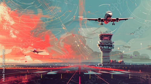 Futuristic Airport Scene with Airplanes Taking Off and Arriving at the Terminal