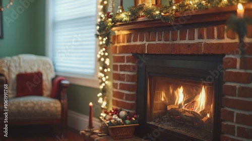 Classic brick fireplace with elegant holiday decor, isolated on a soft green background with warm lights