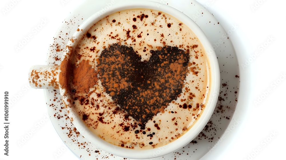 Delightful coffee cup adorned with a heart shape of chocolate powder, creating a romantic atmosphere for coffee lovers. Delightful coffee cup adorned with a heart shape of chocolate powder, creating a romantic atmosphere for coffee lovers.
