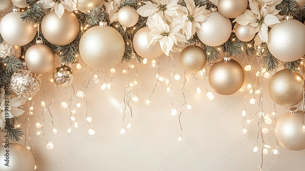 Charming gold Christmas ornaments and pine garland with sparkling lights : Generative AI Charming gold Christmas ornaments and pine garland with sparkling lights : Generative AI