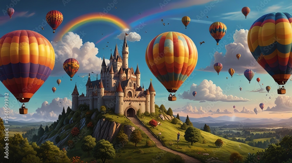 Fototapeta premium A majestic castle perched atop a hill, surrounded by a vibrant array of hot air balloons soaring through a blue sky with a rainbow arching above