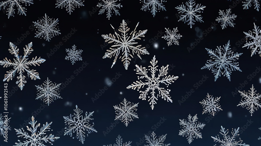 A mesmerizing pattern of intricate snowflakes falling against a dark blue background. The delicate details of each snowflake are highlighted, creating a beautiful winter scene.