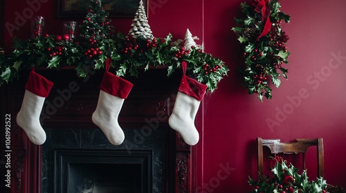 Fireplace decorated with holly, ivy, and white stockings, isolated on a dark red background with hints of silver photo