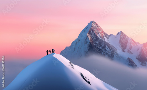 Two hikers with backpacks climb a snowy mountain during a vibrant sunset, approaching a majestic peak. photo