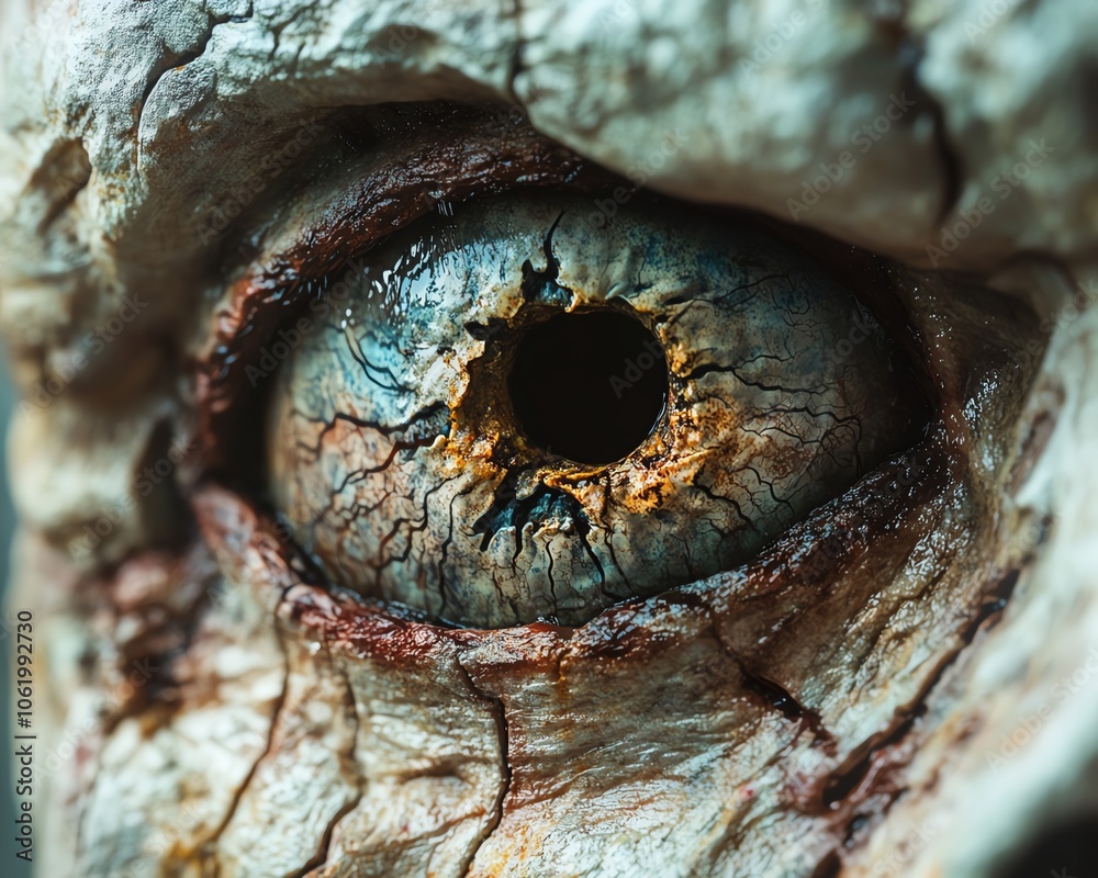 Detailed macro shot of a decayed zombie eyeball, emphasizing the textures and horror elements for a perfect Halloween backdrop Detailed macro shot of a decayed zombie eyeball, emphasizing the textures and horror elements for a perfect Halloween backdrop
