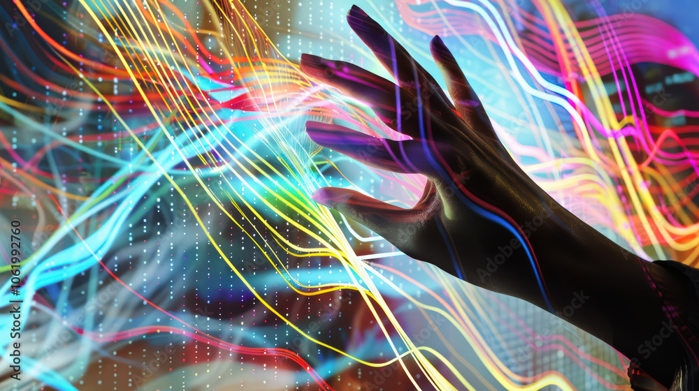 Obraz premium hand reaching out towards colorful abstract digital data streams, symbolizing interaction with technology and innovation. vibrant lines and patterns create dynamic visual experience