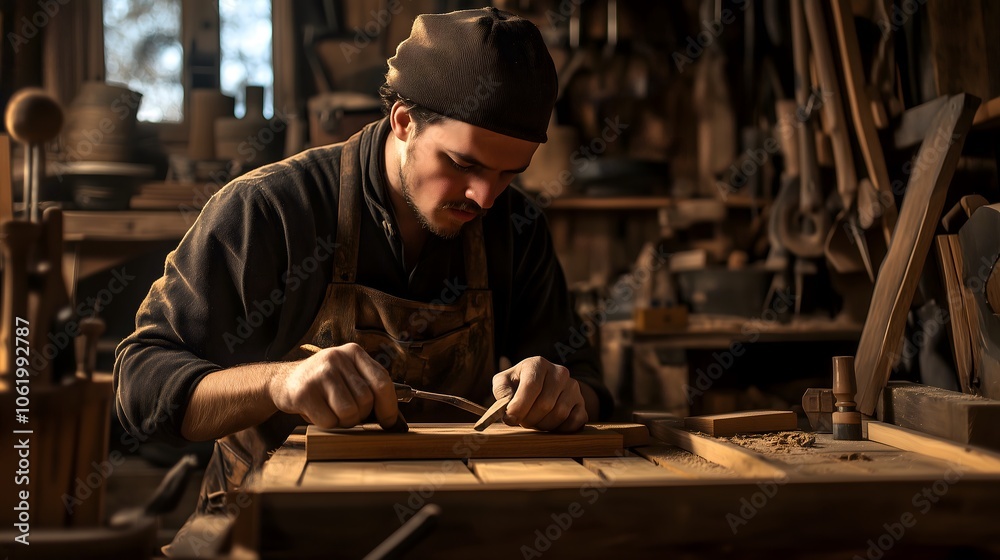 Mastering the craft a skilled artisan shaping wood in a rustic workshop with traditional tools and techniques Mastering the craft a skilled artisan shaping wood in a rustic workshop with traditional tools and techniques