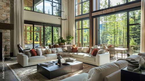 Elegant living room design with high ceilings and large windows photo