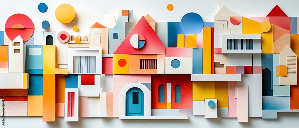 Fototapeta premium Dynamic abstract house design crafted from paper collage materials, showcasing an eclectic mix of shapes and colors for visual interest