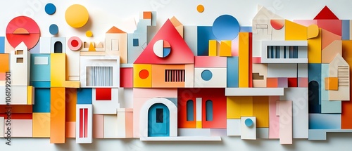 Dynamic abstract house design crafted from paper collage materials, showcasing an eclectic mix of shapes and colors for visual interest