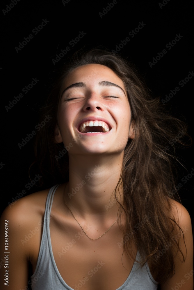 Close-up portrait of a girl against the wall, laughing with her head thrown back, happy. Generative AI. Close-up portrait of a girl against the wall, laughing with her head thrown back, happy. Generative AI.