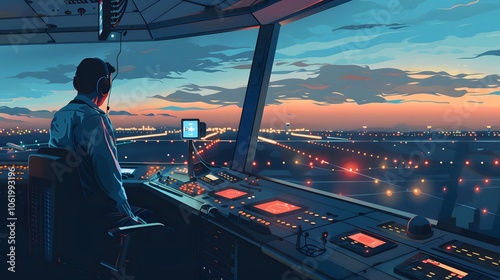 Air Traffic Controller Monitoring Nighttime Cityscape From Airport Control Tower