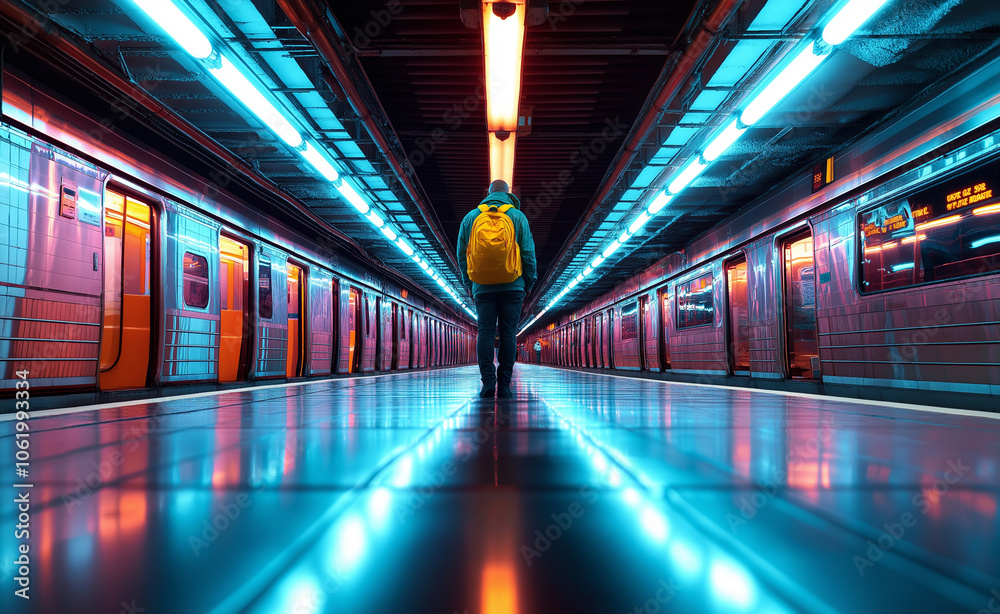 A lone traveler with a bright yellow backpack standing on a subway platform, surrounded by vibrant neon lights in an urban setting. A lone traveler with a bright yellow backpack standing on a subway platform, surrounded by vibrant neon lights in an urban setting.
