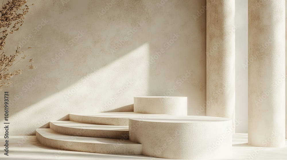3D render of a set of minimalistic podiums in soft, white tones with cinematic lighting. The scene is sharp in focus, detailed, and has low contrast with intricate textures.