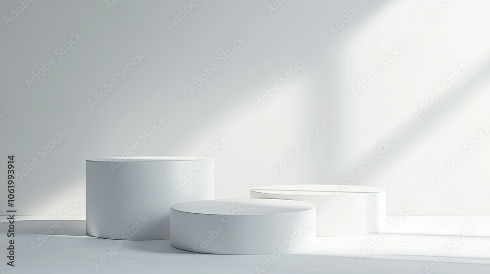 3D render of minimalistic podiums in soft white tones, placed on a clean white background. Cinematic lighting with sharp focus, intricate details, and soft shadows. 3D render of minimalistic podiums in soft white tones, placed on a clean white background. Cinematic lighting with sharp focus, intricate details, and soft shadows.