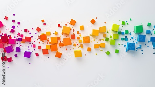 A white background featuring rainbow-colored squares in various sizes, scattered across the frame in a modern and abstract design.