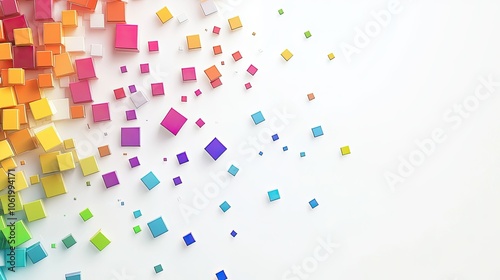 A white background featuring rainbow-colored squares in various sizes, scattered across the frame in a modern and abstract design.