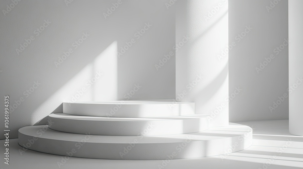 Obraz premium Minimalist 3D render of smooth white podiums in a high-detail, high-resolution scene. Soft, cinematic lighting enhances intricate details with sharp focus and subtle shadows.