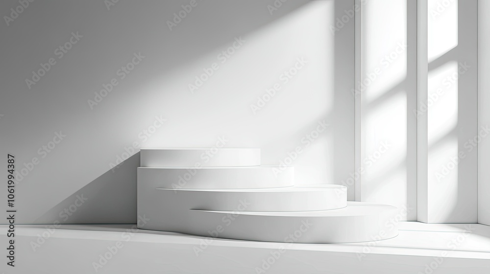 Fototapeta premium Minimalist podiums in a 3D render with clean, white surfaces. Cinematic lighting provides soft shadows and low contrast for a sharp, high-resolution image.
