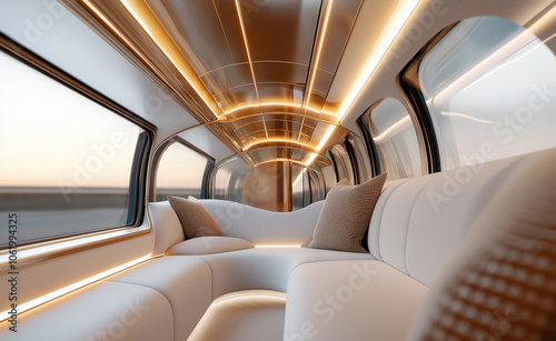 Wallpaper Mural Minimalist interior of a modern train with soft lighting, spacious seating, and large windows showing greenery outside.

 Torontodigital.ca