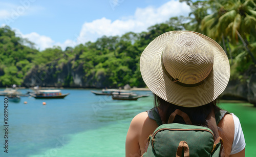 A female traveler with a backpack and sunhat admiring a scenic bay filled with boats, surrounded by lush green cliffs. photo