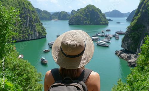 A female traveler with a backpack and sunhat admiring a scenic bay filled with boats, surrounded by lush green cliffs. photo