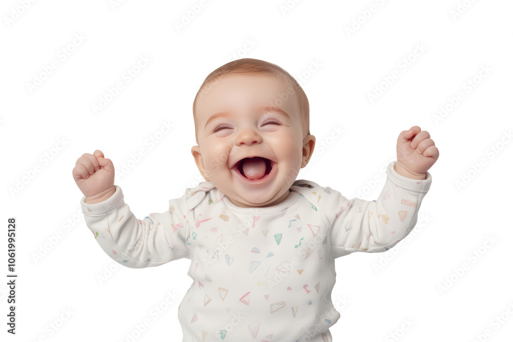 Adorable baby in a patterned onesie, smiling and raising arms in excitement, capturing pure happiness and innocence. Adorable baby in a patterned onesie, smiling and raising arms in excitement, capturing pure happiness and innocence.