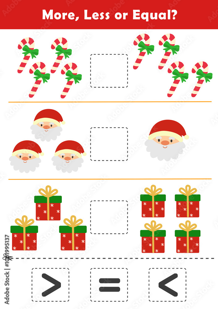 Christmas activity sheet. Comparison Worksheet with Cute Christmas Illustration for Kids. Counting Games for Preschoolers. More or Less Worksheet for Kindergarten. Christmas activity sheet. Comparison Worksheet with Cute Christmas Illustration for Kids. Counting Games for Preschoolers. More or Less Worksheet for Kindergarten.